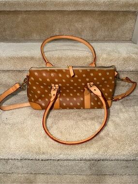 Dooney & Bourke Cognac Monogram Satchel with Tan Trim Vintage Shoulder Bag Purse